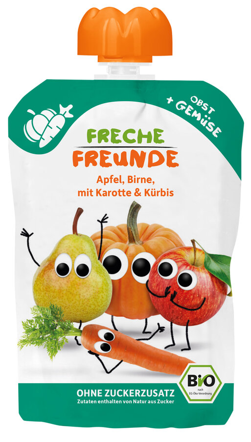 MUS JABŁKO - GRUSZKA - MARCHEW - DYNIA BEZ DODATKU CUKRÓW BEZGLUTENOWY OD 6 MIESIĄCA BIO 100 g - FRECHE FREUNDE