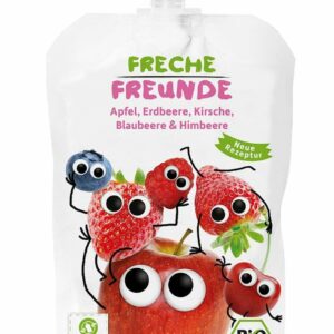 MUS JABŁKO - TRUSKAWKA - JAGODA - MALINA BEZ DODATKU CUKRÓW BEZGLUTENOWY OD 6 MIESIĄCA BIO 100 g - FRECHE FREUNDE