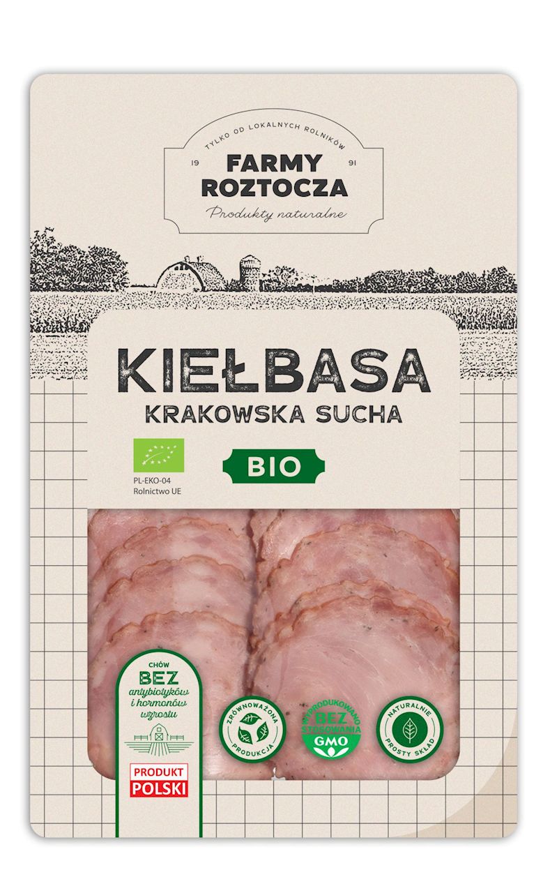 KIEŁBASA KRAKOWSKA SUCHA PLASTRY BIO 80 g - FARMY ROZTOCZA (Z PÓŁKI)