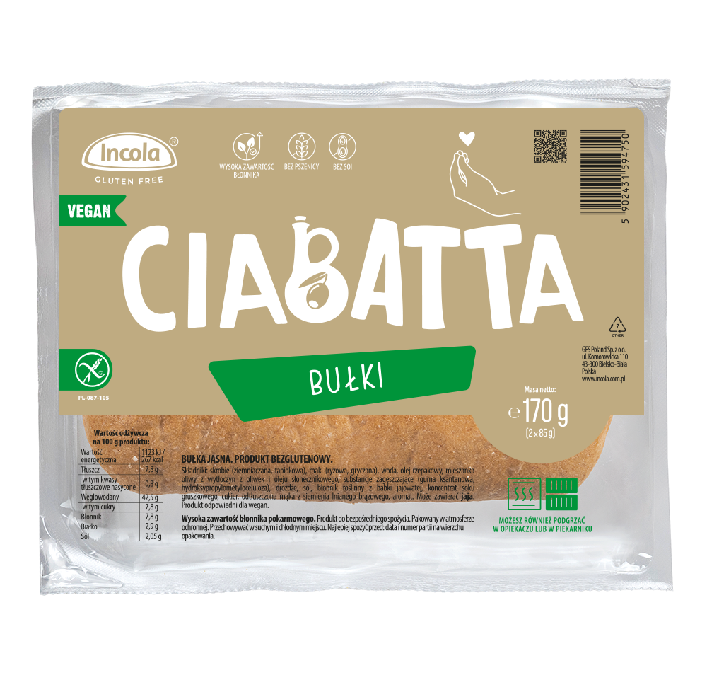 BUŁKI CIABATTA BEZGLUTENOWE (2 szt.) 170 g - INCOLA