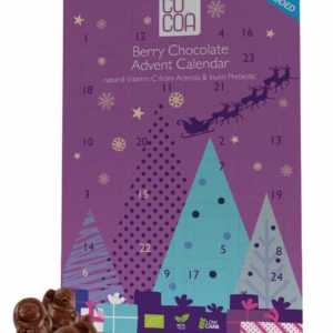 KALENDARZ ADWENTOWY Z CZEKOLADY JAGODOWEJ Z WITAMINĄ C Z ACEROLI BEZ DODATKU CUKRÓW BIO 180 g - COCOA (PRODUKT SEZONOWY)
