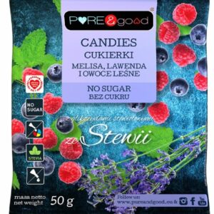 CUKIERKI Z MELISĄ, LAWENDĄ I OWOCAMI LEŚNYMI ZE STEWIĄ BEZ CUKRU 50 g - PURE&GOOD