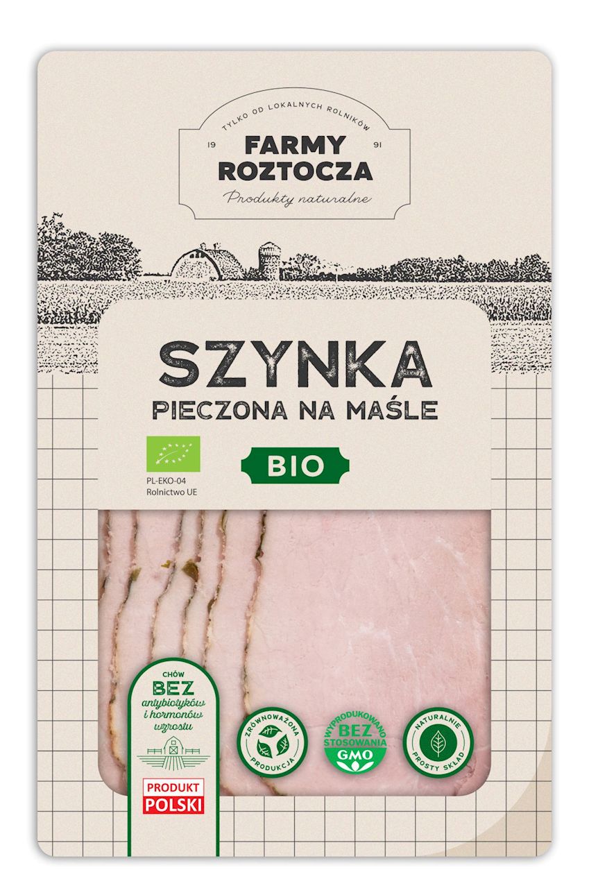 SZYNKA NA MAŚLE PIECZONA PLASTRY BIO 100 g - FARMY ROZTOCZA (NA ZAMÓWIENIE)