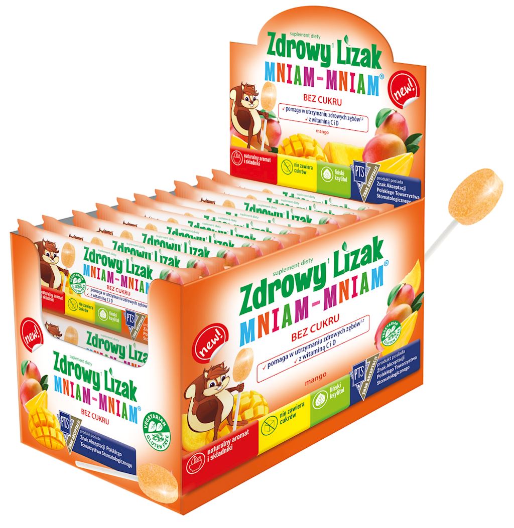 LIZAK O SMAKU MANGO Z WITAMINĄ D I C BEZ CUKRU BEZGLUTENOWY 6 g - ZDROWY LIZAK (MNIAM MNIAM)
