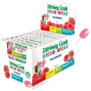 LIZAK O SMAKU MALINOWYM NA GARDŁO BEZ CUKRU BEZGLUTENOWY 6 g - ZDROWY LIZAK (MNIAM MNIAM)