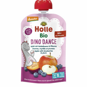 MUS TAŃCZĄCY DINOZAUR (JABŁKO - BORÓWKA - ŚLIWKA) BEZ DODATKU CUKRÓW BEZGLUTENOWY OD 6 MIESIĄCA DEMETER BIO 100 g - HOLLE