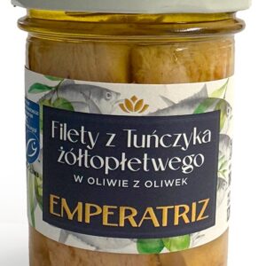 TUŃCZYK ŻÓŁTOPŁETWY FILETY MSC W OLIWIE Z OLIWEK 180 g (120 g) (SŁOIK) - EMPERATRIZ