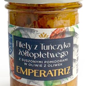 TUŃCZYK ŻÓŁTOPŁETWY FILETY MSC W OLIWIE Z OLIWEK Z SUSZONYMI POMIDORAMI 180 g (120 g) (SŁOIK) - EMPERATRIZ