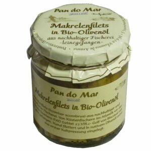 MAKRELA FILETY W BIO OLIWIE Z OLIWEK EXTRA VIRGIN 220 g (154 g) (SŁOIK) - PAN DO MAR